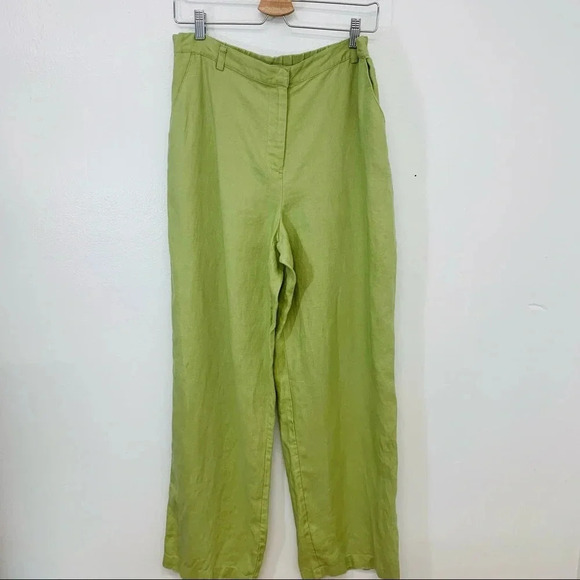 JM Collection Linen Pants Woman Size 12 ‎ Green Pockets Elastic Back Lightweight - Picture 1 of 11